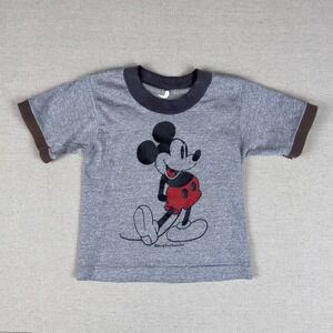 Vintage Disney Mickey Mouse Kids Ringer T-Shirt Grey Brown 70s/80s 3T